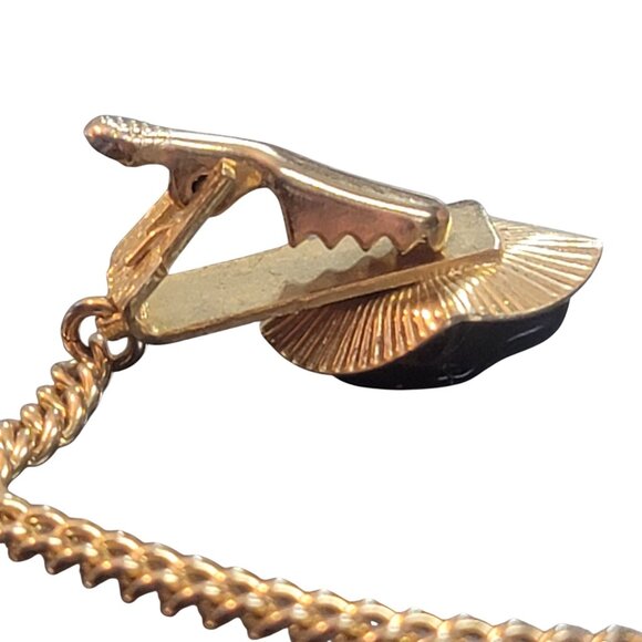 Vintage Gold Tone Sweater Guard Clip Black Stone Chain Retro Mid-Century Jewelry - Picture 9 of 10
